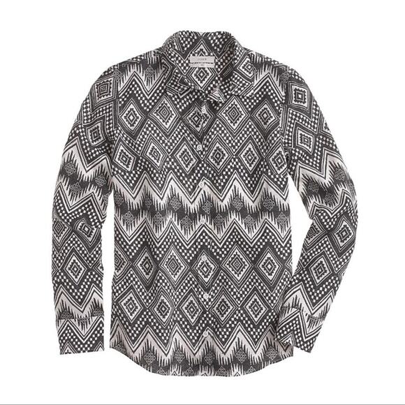 J. Crew 100% Linen Boy Shirt Diamond Ikat Print Black White Size 0 - Picture 1 of 10
